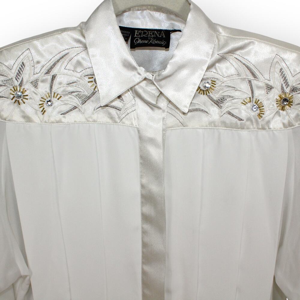 Vintage Erena by Irene Koenig Satin Blouse Ivory Embellished Yoke 80s XS/S - Picture 4 of 16